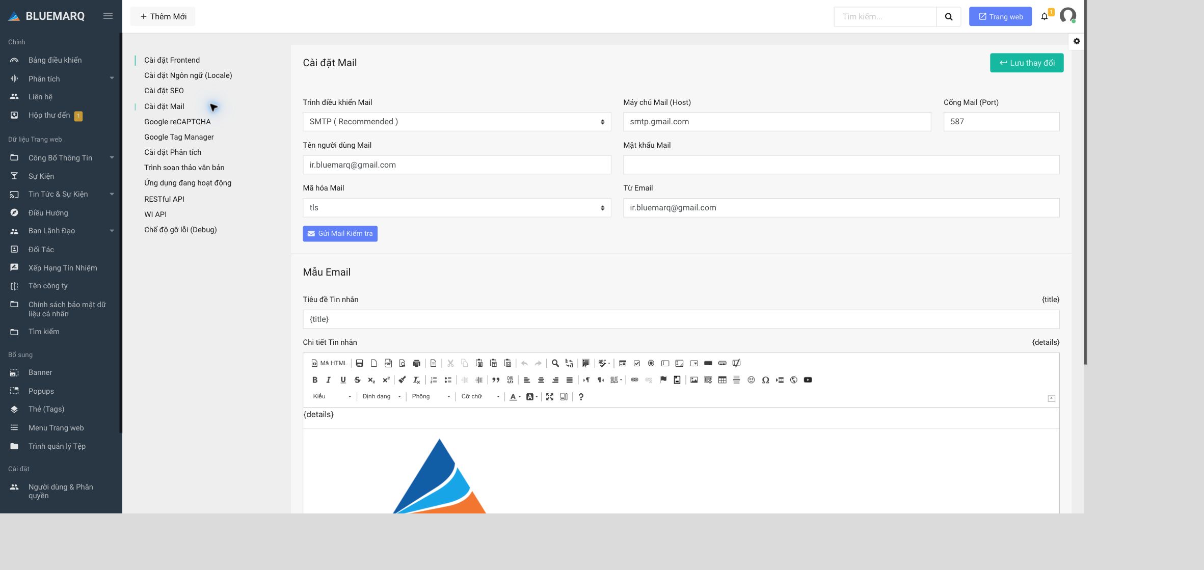 Màn hình cấu hình Mail và SMTP