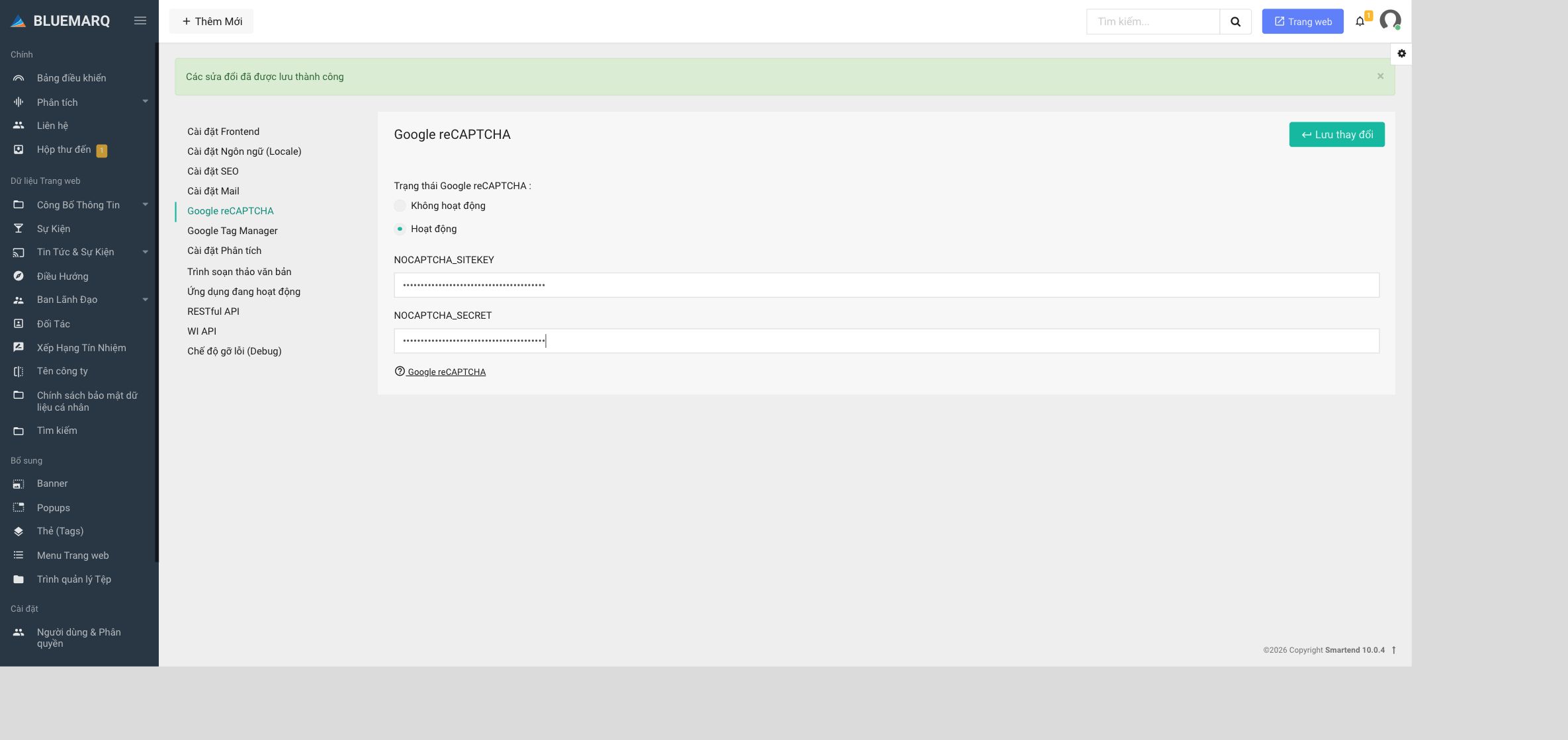 Màn hình cấu hình Google reCAPTCHA đã che khóa bảo mật