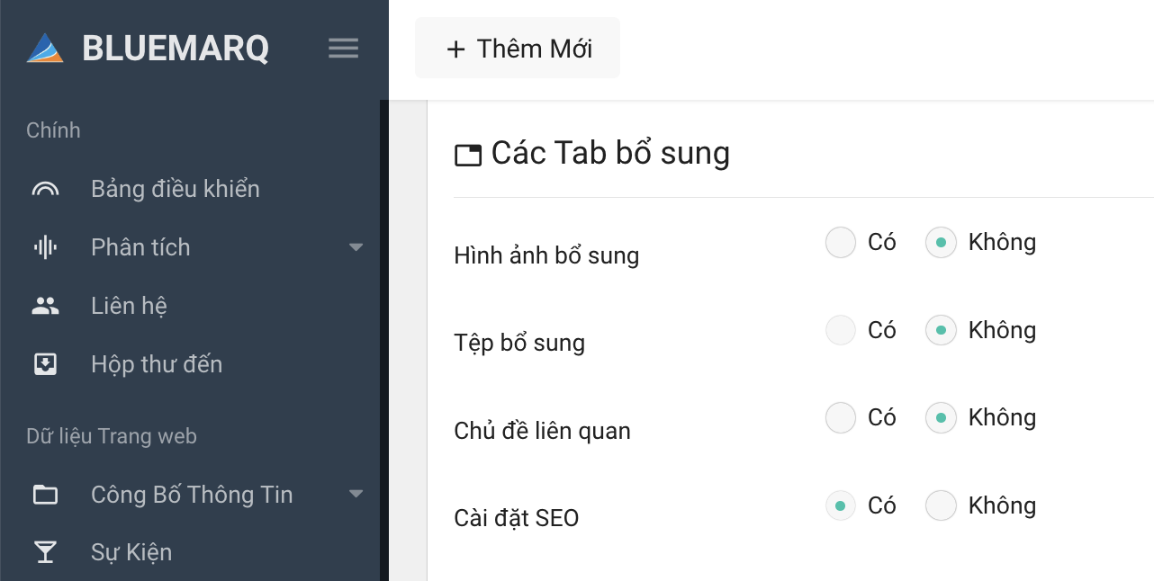 Bật Cài đặt SEO trong phần Các Tab bổ sung của Module Hệ thống