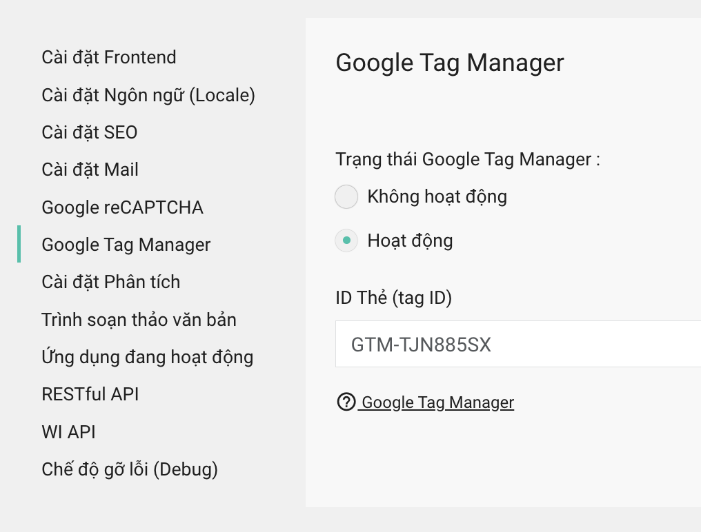 Màn hình cấu hình Google Tag Manager