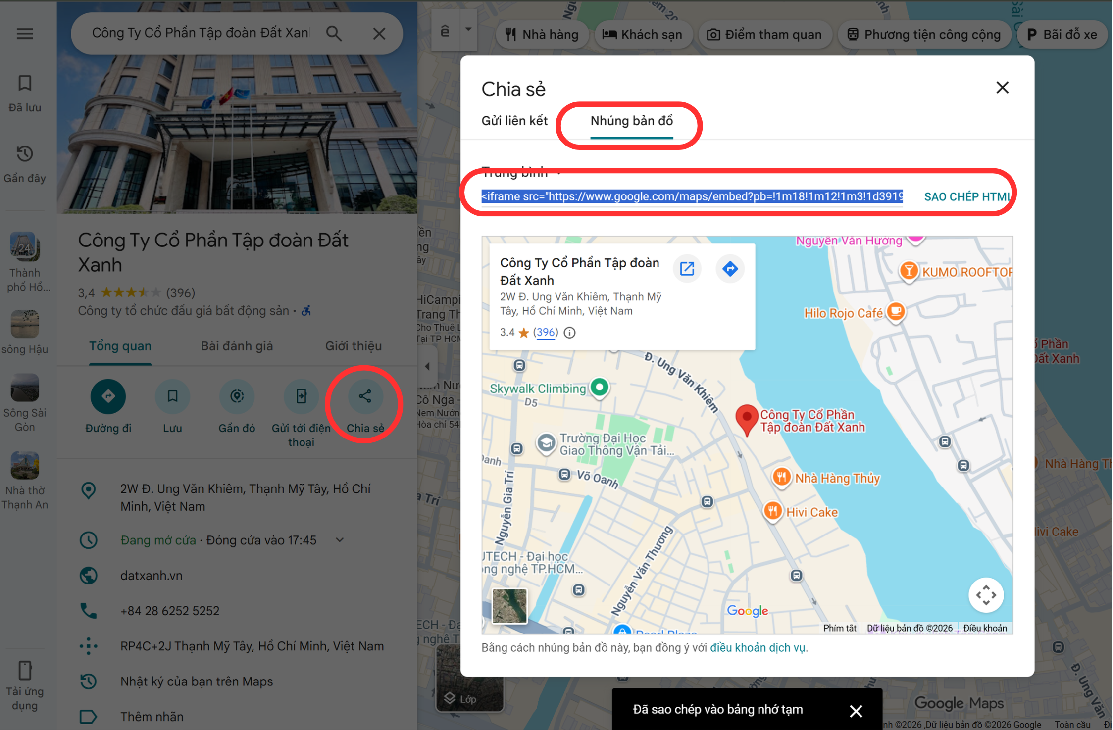 Lấy đường dẫn nhúng bản đồ từ Google Maps