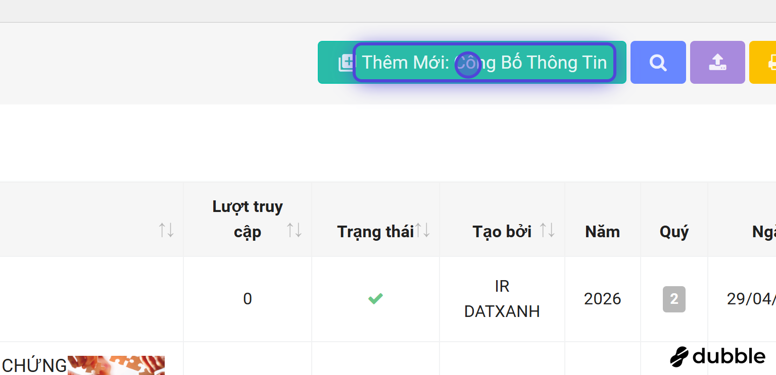 Chọn Thêm mới để tạo bài viết Công bố thông tin