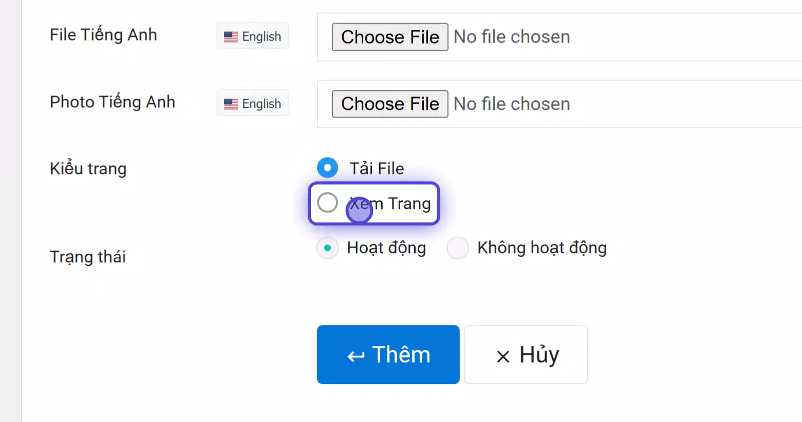Chọn kiểu trang Xem Trang cho Công bố thông tin