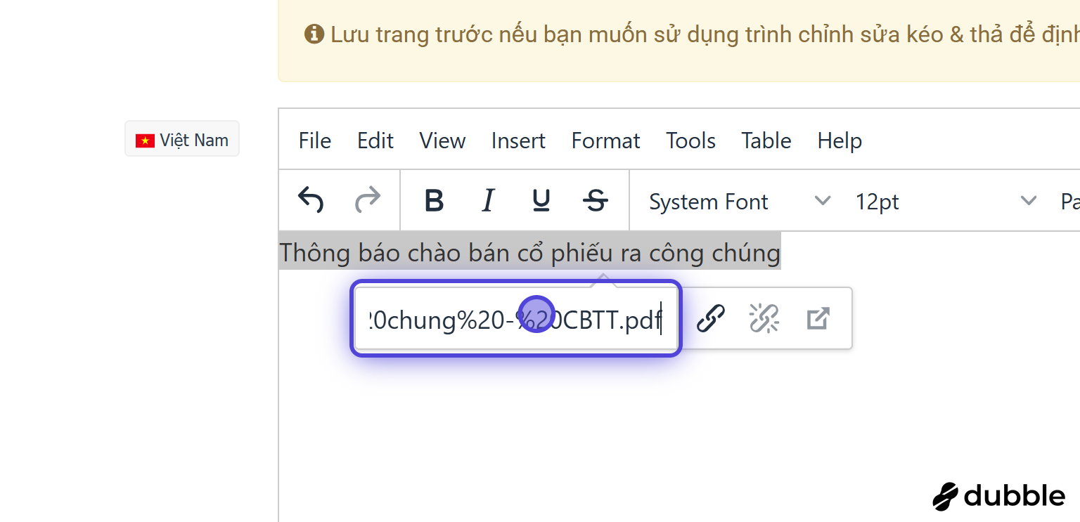 Mở hộp thoại chèn liên kết trong trình soạn thảo