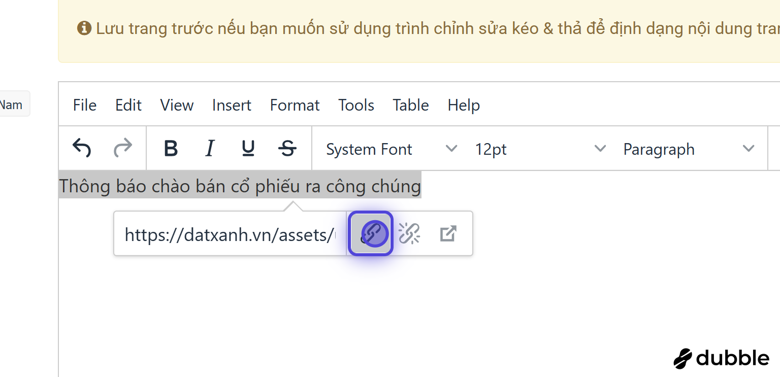 Nhập URL và xác nhận liên kết trong trình soạn thảo