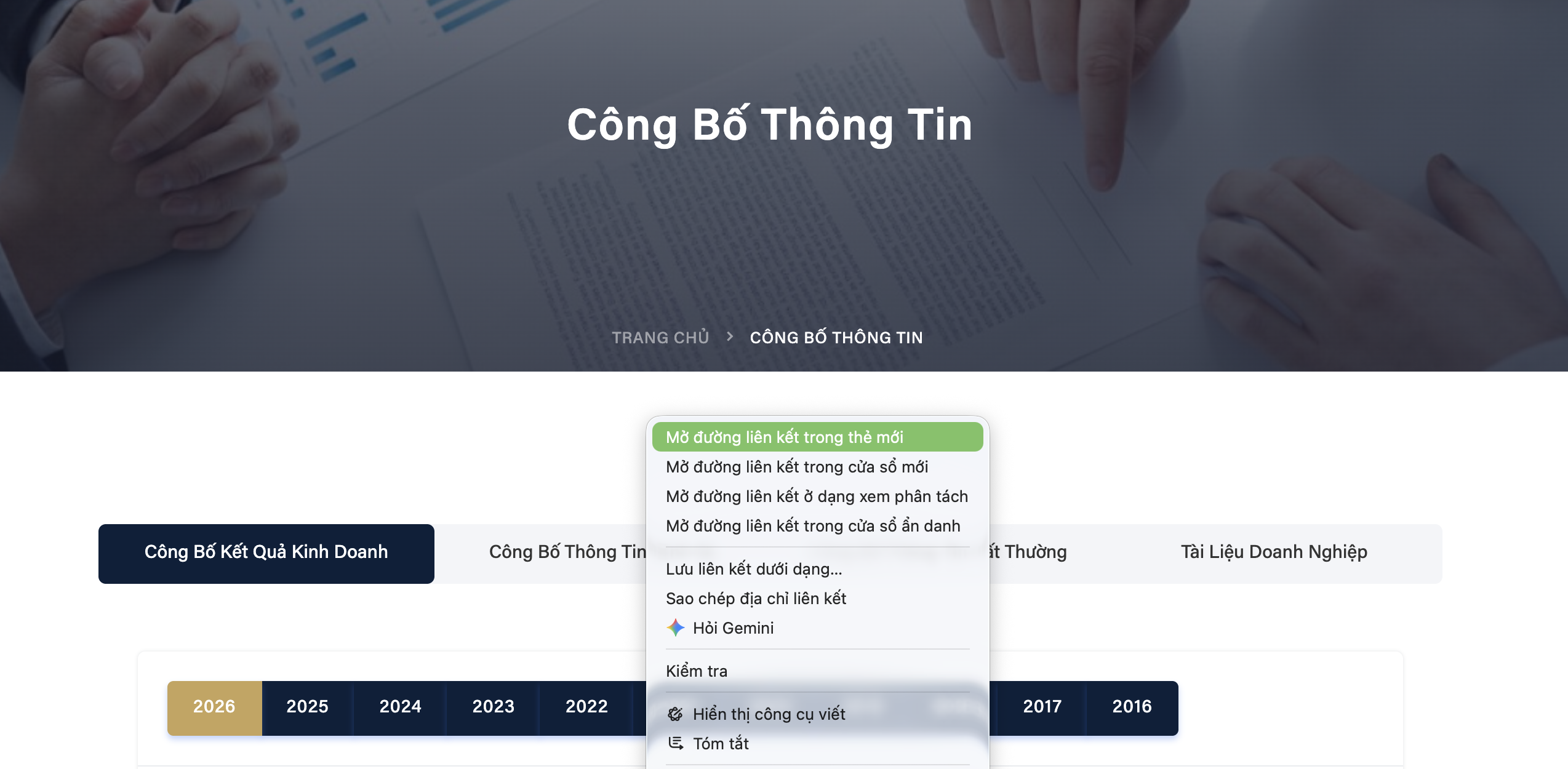 URL thân thiện dùng để tạo liên kết mở đúng tab Công bố thông tin