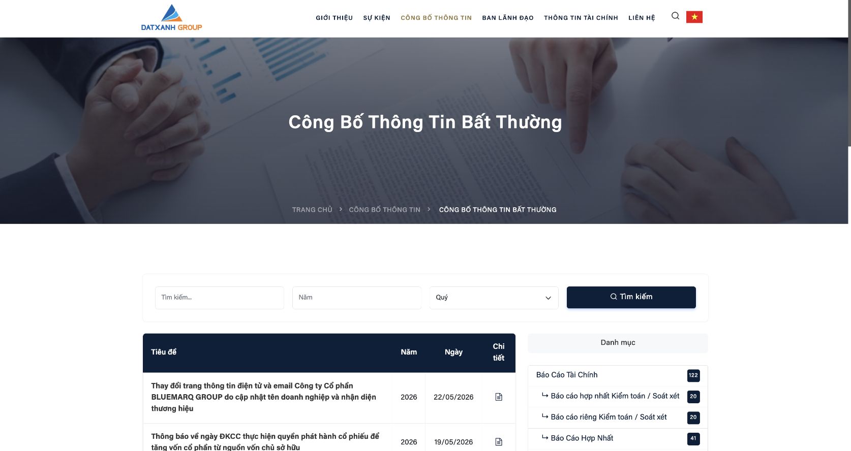 Trang riêng của danh mục Công Bố Thông Tin Bất Thường trên website