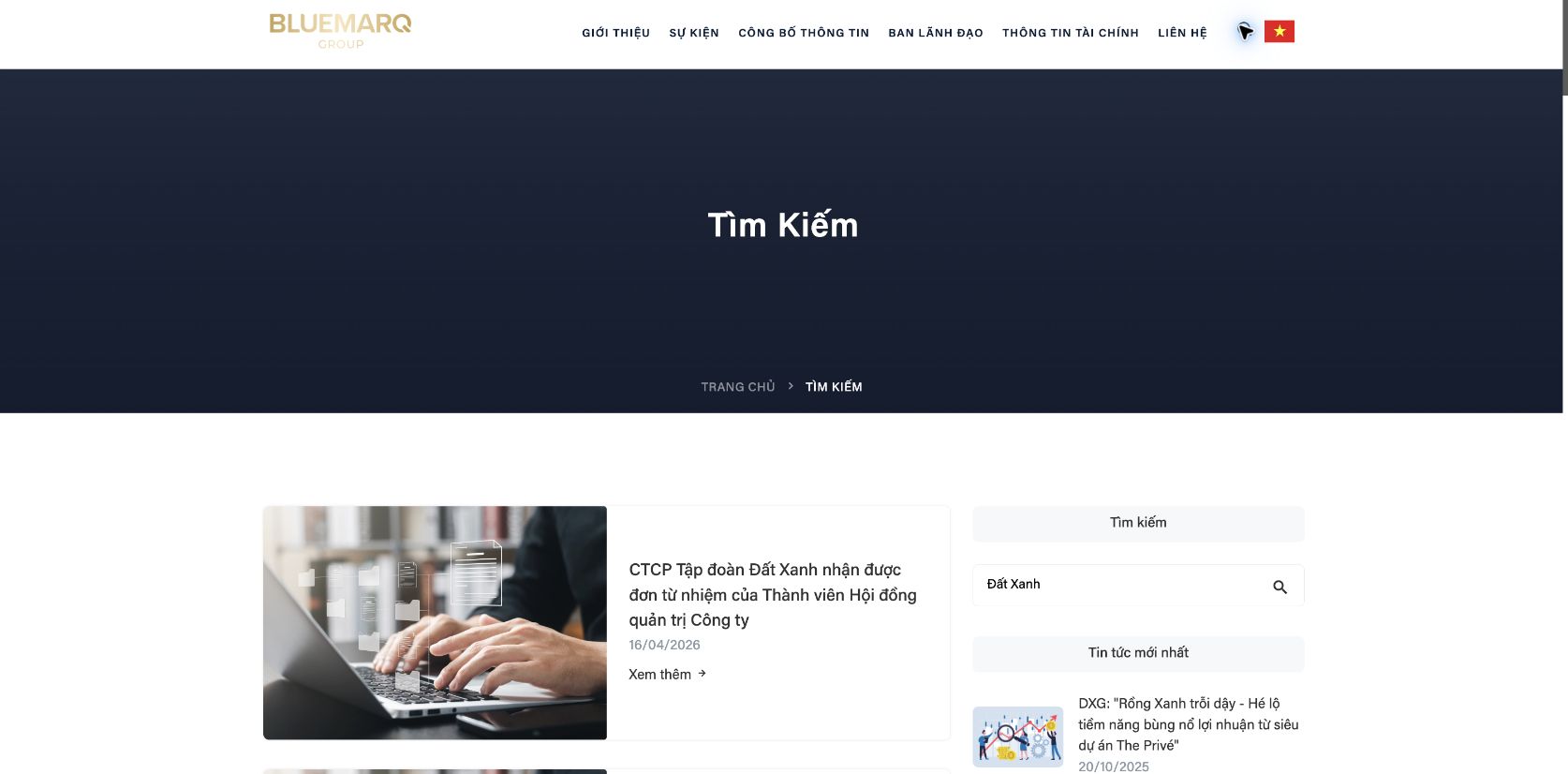 Danh sách kết quả và sidebar trên trang Tìm kiếm UAT