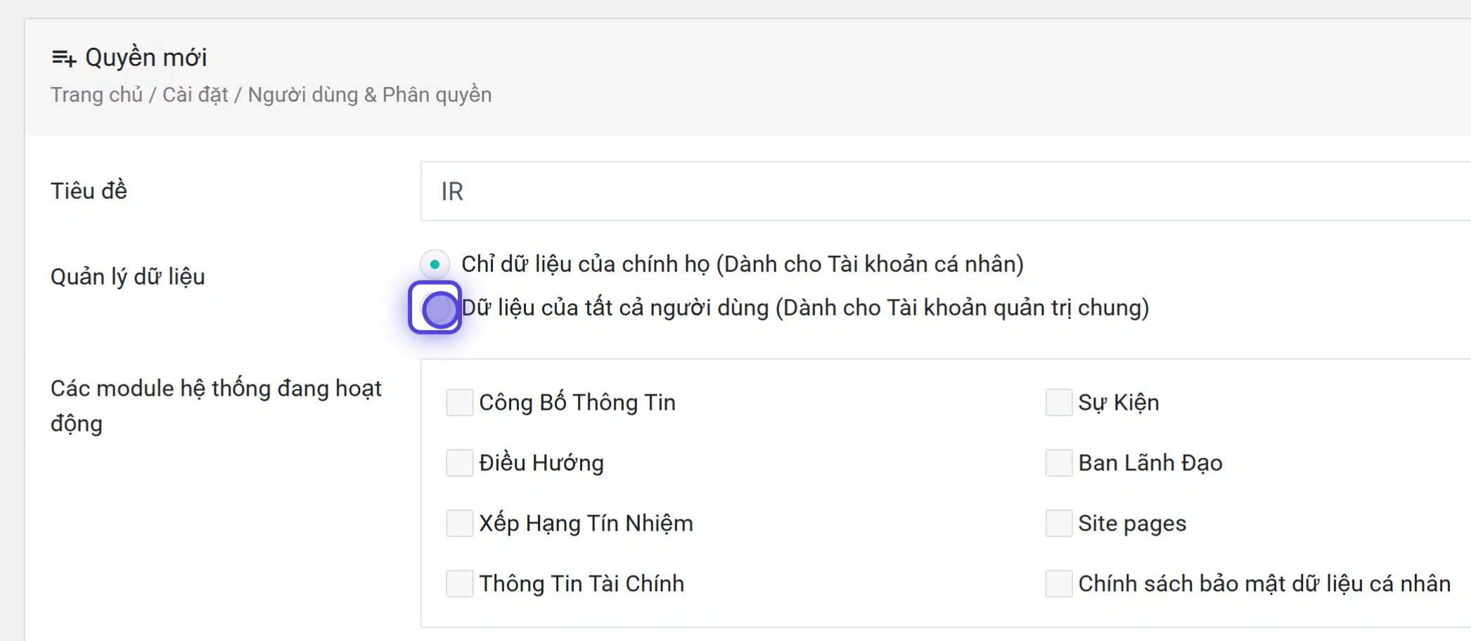 Chọn phạm vi dữ liệu mà vai trò được quản lý