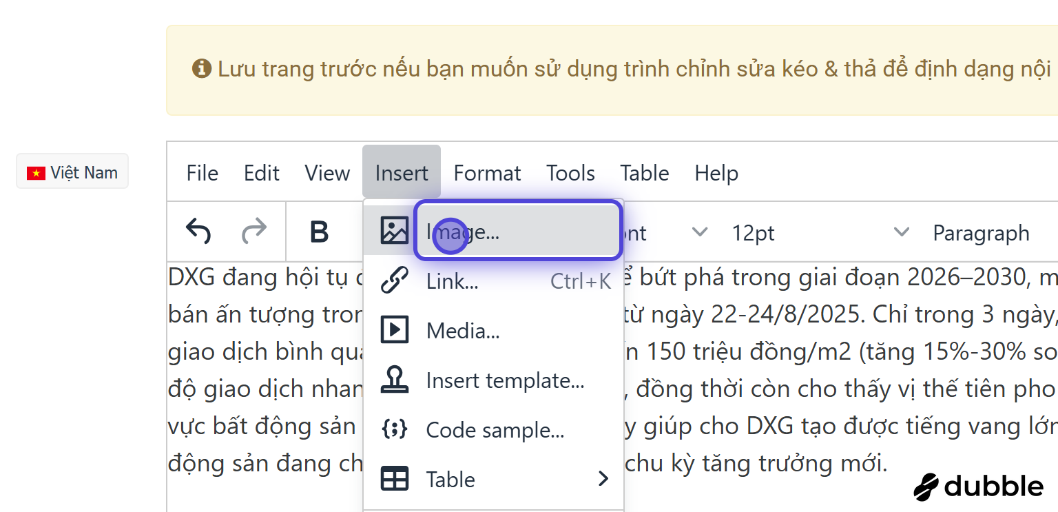 Mở chức năng chèn ảnh trong trình soạn thảo